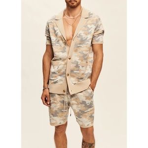 SER.O.YA Josiah Short Sleeve Wool Knit Cardigan in Camo Jacquard